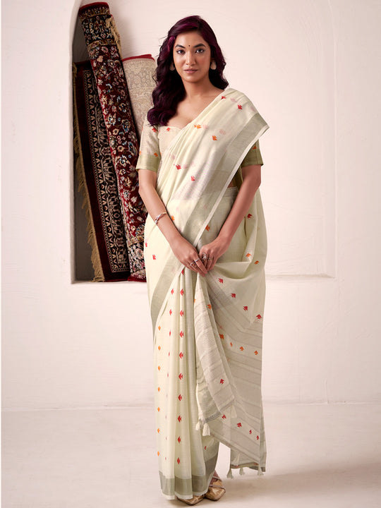 Cream Linen Silk Saree With Blouse Piece
