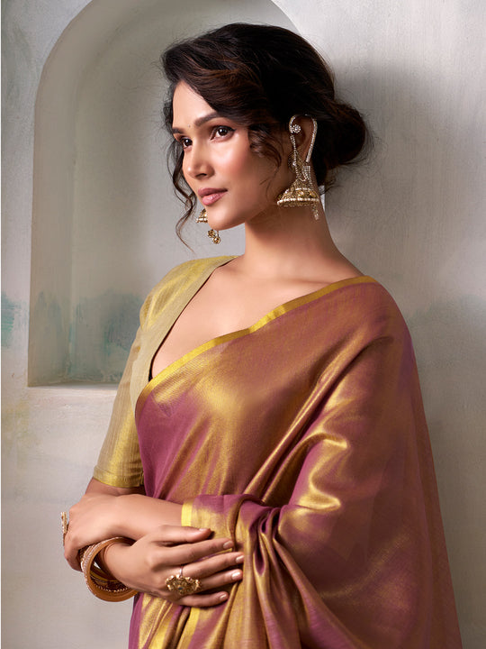 Wine Pure Handloom Tissue Saree With Blouse Piece