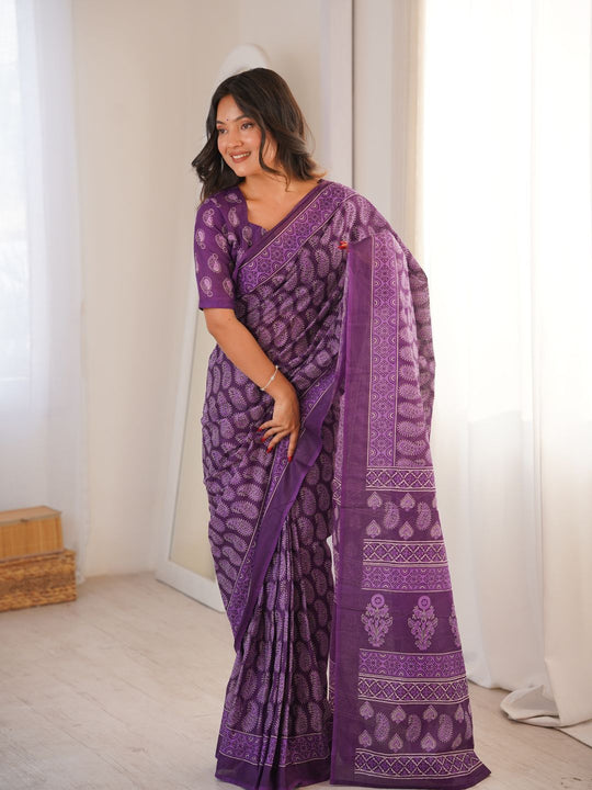 Soft Pure Cotton Hand Bagru Print Sarees With Blouse Pice