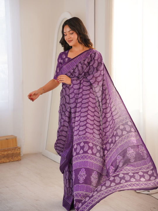 Soft Pure Cotton Hand Bagru Print Sarees With Blouse Pice