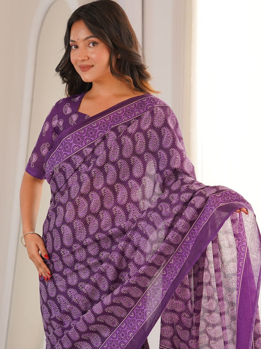 Soft Pure Cotton Hand Bagru Print Sarees With Blouse Pice