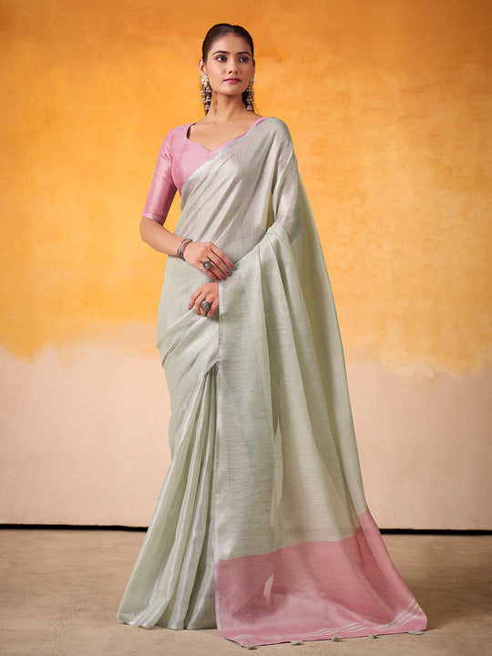 Light Celandon Banarasi Tissue Silk Saree With Blouse Piece