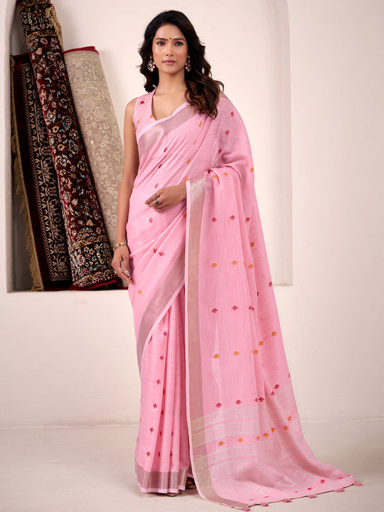 Pink Linen Silk Saree With Blouse Piece