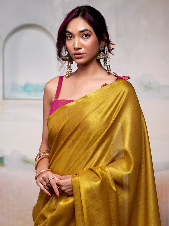 Yellow Pure Handloom Tissue Saree With Blouse Piece