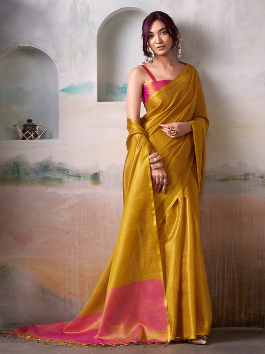 Yellow Pure Handloom Tissue Saree With Blouse Piece