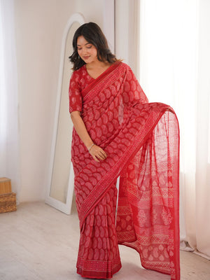 Soft Pure Cotton Hand Bagru Print Sarees With Blouse Pice