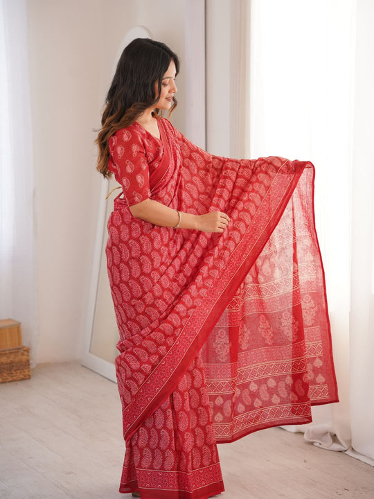 Soft Pure Cotton Hand Bagru Print Sarees With Blouse Pice