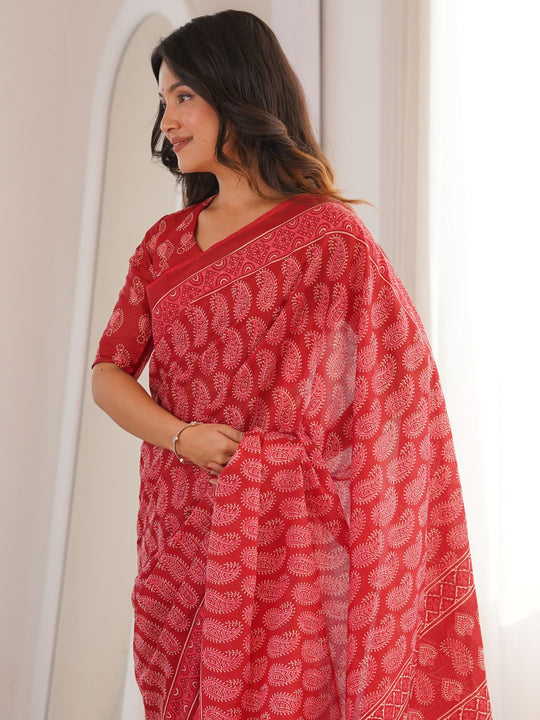 Soft Pure Cotton Hand Bagru Print Sarees With Blouse Pice