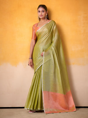 Mehandi Green Banarasi Tissue Silk Saree With Blouse Piece