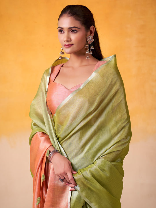 Mehandi Green Banarasi Tissue Silk Saree With Blouse Piece