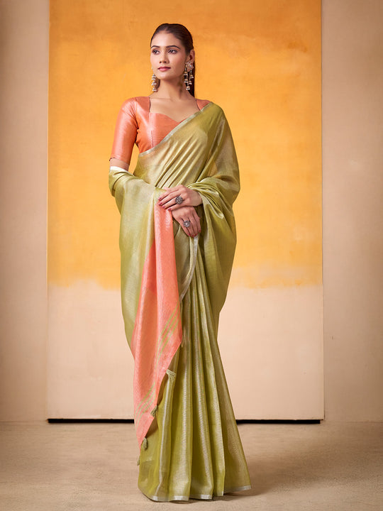 Mehandi Green Banarasi Tissue Silk Saree With Blouse Piece