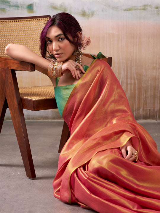 Pink Pure Handloom Tissue Saree With Blouse Piece