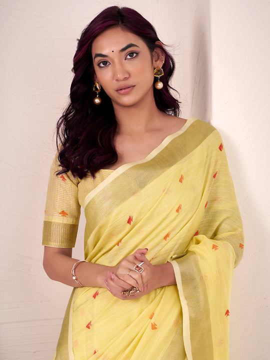Yellow Linen Silk Saree With Blouse Piece