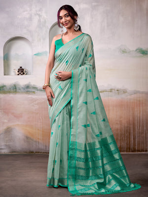 Sea Green Modal Cotton Saree With Blouse Piece