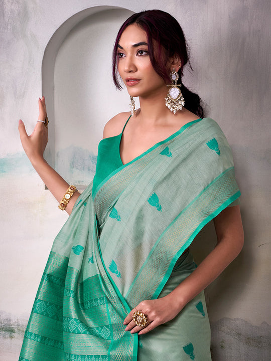 Sea Green Modal Cotton Saree With Blouse Piece