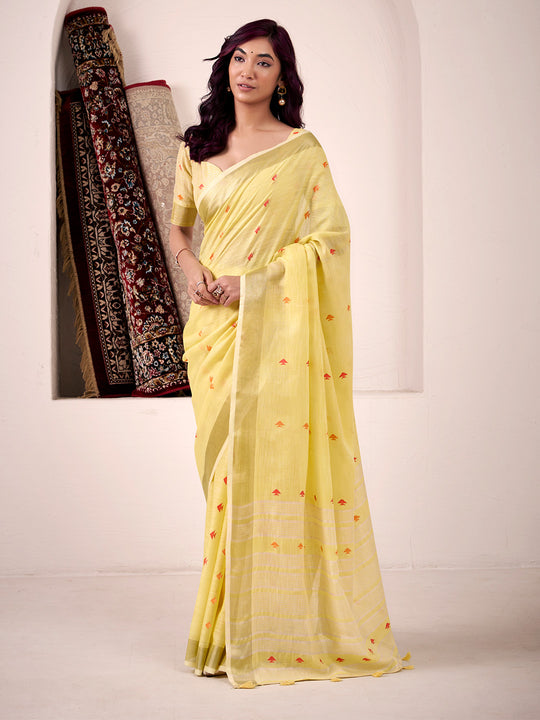 Yellow Linen Silk Saree With Blouse Piece