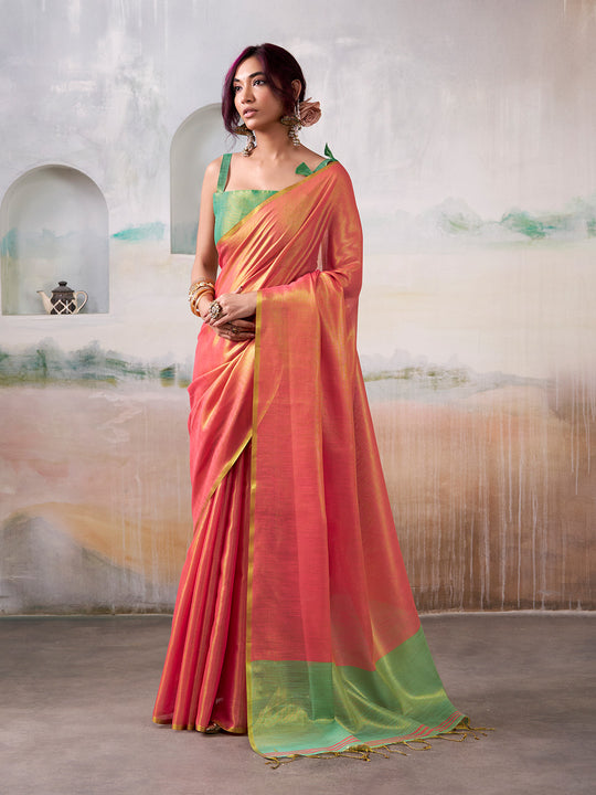 Pink Pure Handloom Tissue Saree With Blouse Piece