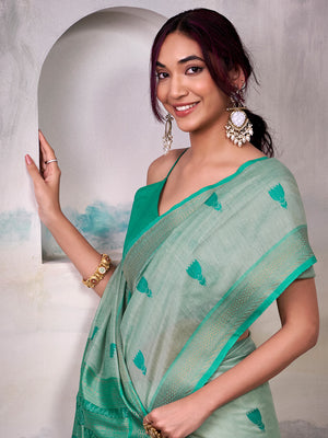 Sea Green Modal Cotton Saree With Blouse Piece