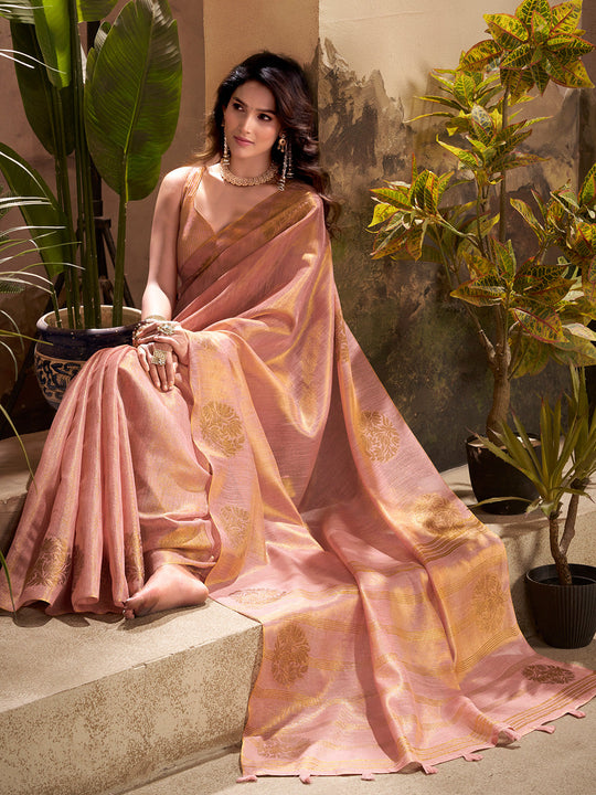 Light Pink Tissue Silk Adorned With Gorgeous Woven Butta Saree With Blouse Piece