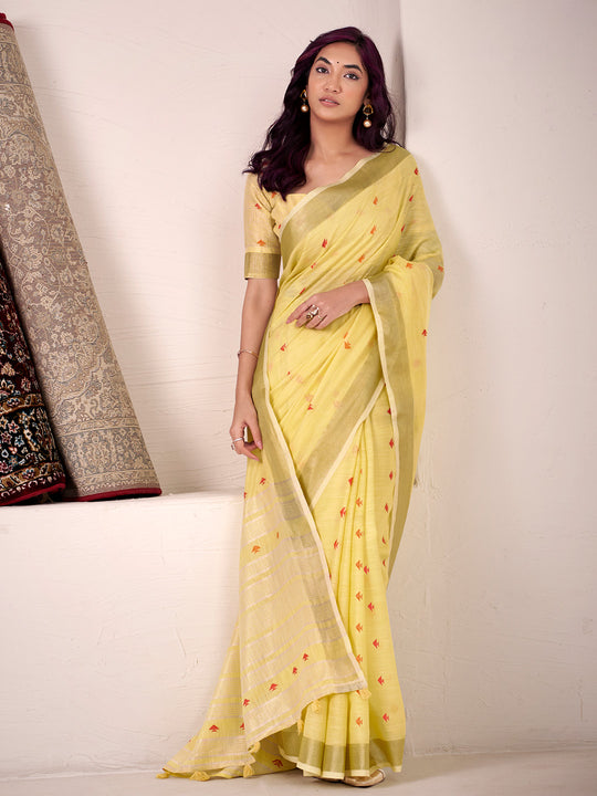 Yellow Linen Silk Saree With Blouse Piece