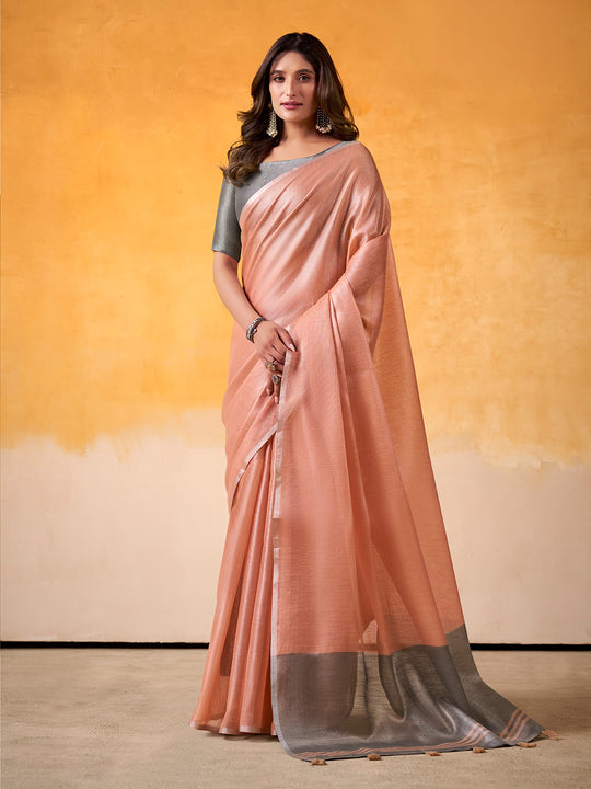 Rustic Peach Banarasi Tissue Silk Saree With Blouse Piece