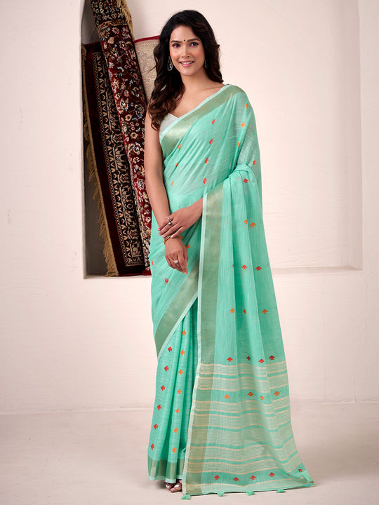 Teal Green Linen Silk Saree With Blouse Piece