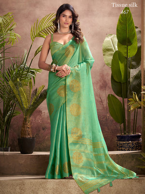Green Tissue Silk Adorned With Gorgeous Woven Butta Saree With Blouse Piece