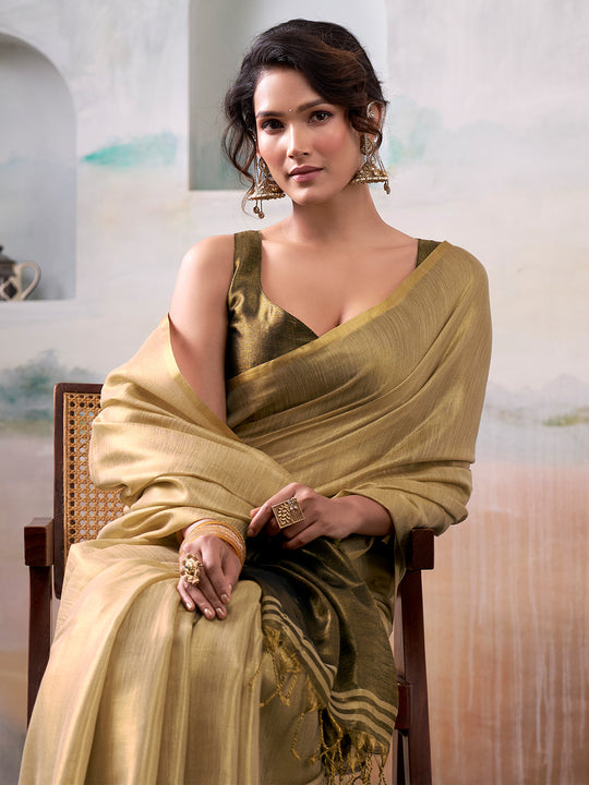 Olive Green Pure Handloom Tissue Saree With Blouse Piece