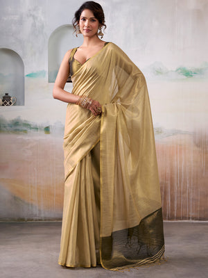 Olive Green Pure Handloom Tissue Saree With Blouse Piece