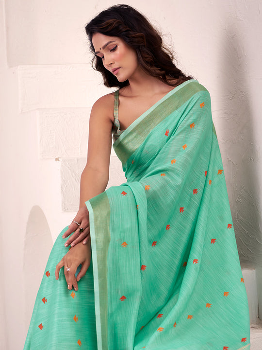 Teal Green Linen Silk Saree With Blouse Piece