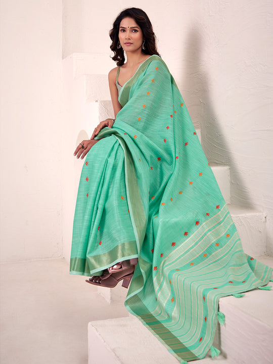 Teal Green Linen Silk Saree With Blouse Piece