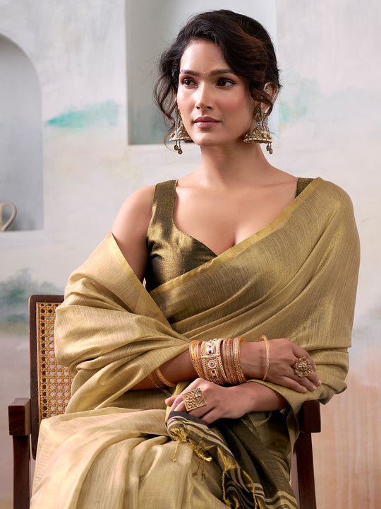 Olive Green Pure Handloom Tissue Saree With Blouse Piece