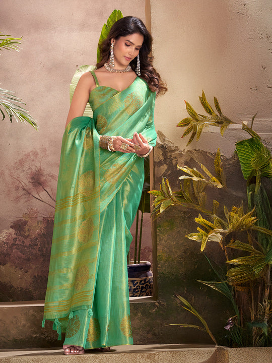 Green Tissue Silk Adorned With Gorgeous Woven Butta Saree With Blouse Piece