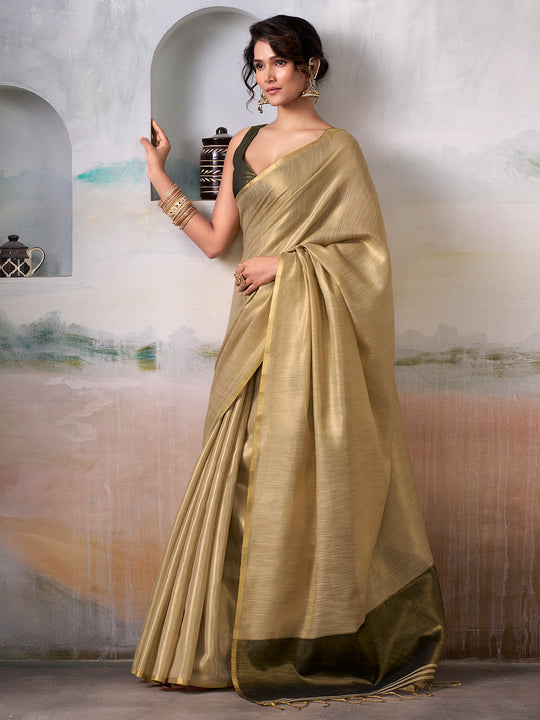 Olive Green Pure Handloom Tissue Saree With Blouse Piece