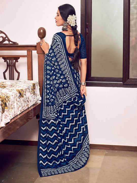 Blue  Mulmul Cottons Saree With Blouse Piece