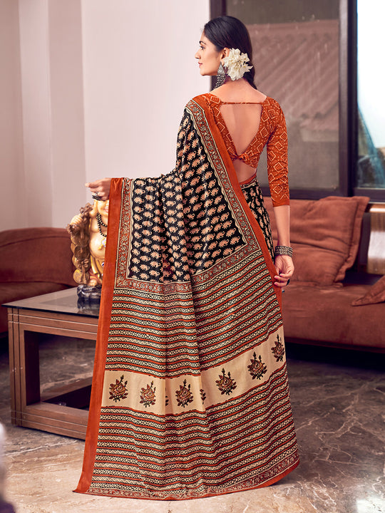 Orange And Blue Mulmul Cottons Saree With Blouse Piece