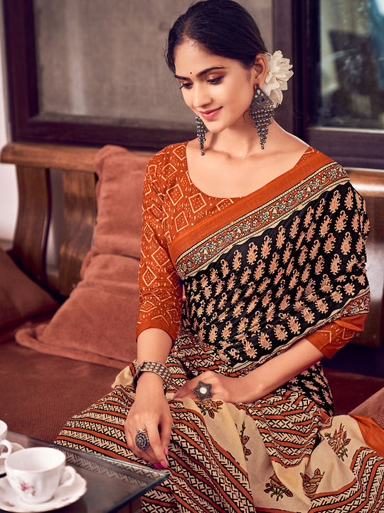 Orange And Blue Mulmul Cottons Saree With Blouse Piece