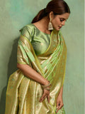 Dual Tone Banarasi Silk With Golden Zari Woven In Iconic Banarasi Jaal Pattern With Meenakari Hues Throughout Attached Dual Color Jhallar With Fumka