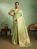 Dual Tone Banarasi Silk With Golden Zari Woven In Iconic Banarasi Jaal Pattern With Meenakari Hues Throughout Attached Dual Color Jhallar With Fumka