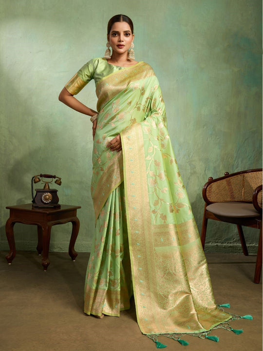 Dual Tone Banarasi Silk With Golden Zari Woven In Iconic Banarasi Jaal Pattern With Meenakari Hues Throughout Attached Dual Color Jhallar With Fumka