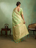 Dual Tone Banarasi Silk With Golden Zari Woven In Iconic Banarasi Jaal Pattern With Meenakari Hues Throughout Attached Dual Color Jhallar With Fumka