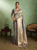 Dual Tone Banarasi Silk With Golden Zari Woven In Iconic Banarasi Jaal Pattern With Meenakari Hues Throughout Attached Dual Color Jhallar With Fumka