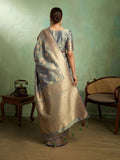 Dual Tone Banarasi Silk With Golden Zari Woven In Iconic Banarasi Jaal Pattern With Meenakari Hues Throughout Attached Dual Color Jhallar With Fumka