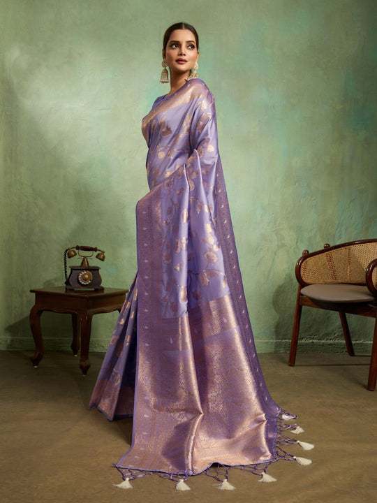 Dual Tone Banarasi Silk With Golden Zari Woven In Iconic Banarasi Jaal Pattern With Meenakari Hues Throughout Attached Dual Color Jhallar With Fumka