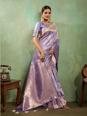 Dual Tone Banarasi Silk With Golden Zari Woven In Iconic Banarasi Jaal Pattern With Meenakari Hues Throughout Attached Dual Color Jhallar With Fumka