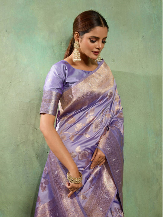 Dual Tone Banarasi Silk With Golden Zari Woven In Iconic Banarasi Jaal Pattern With Meenakari Hues Throughout Attached Dual Color Jhallar With Fumka
