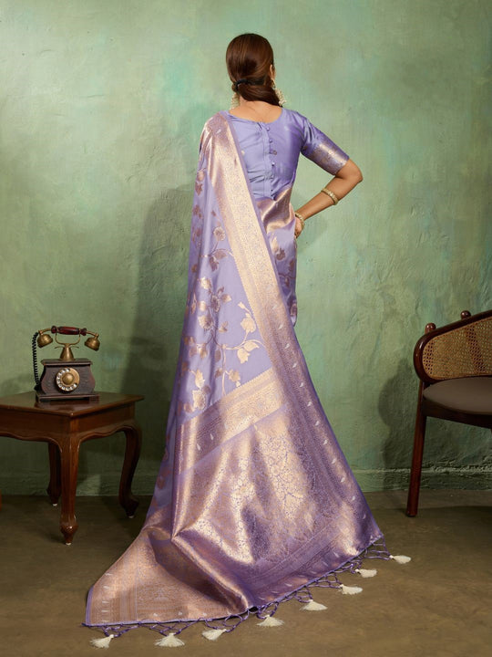 Dual Tone Banarasi Silk With Golden Zari Woven In Iconic Banarasi Jaal Pattern With Meenakari Hues Throughout Attached Dual Color Jhallar With Fumka