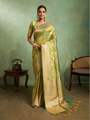 Dual Tone Banarasi Silk With Golden Zari Woven In Iconic Banarasi Jaal Pattern With Meenakari Hues Throughout Attached Dual Color Jhallar With Fumka