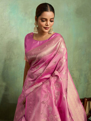 Dual Tone Banarasi Silk With Golden Zari Woven In Iconic Banarasi Jaal Pattern With Meenakari Hues Throughout Attached Dual Color Jhallar With Fumka