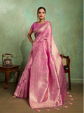 Dual Tone Banarasi Silk With Golden Zari Woven In Iconic Banarasi Jaal Pattern With Meenakari Hues Throughout Attached Dual Color Jhallar With Fumka